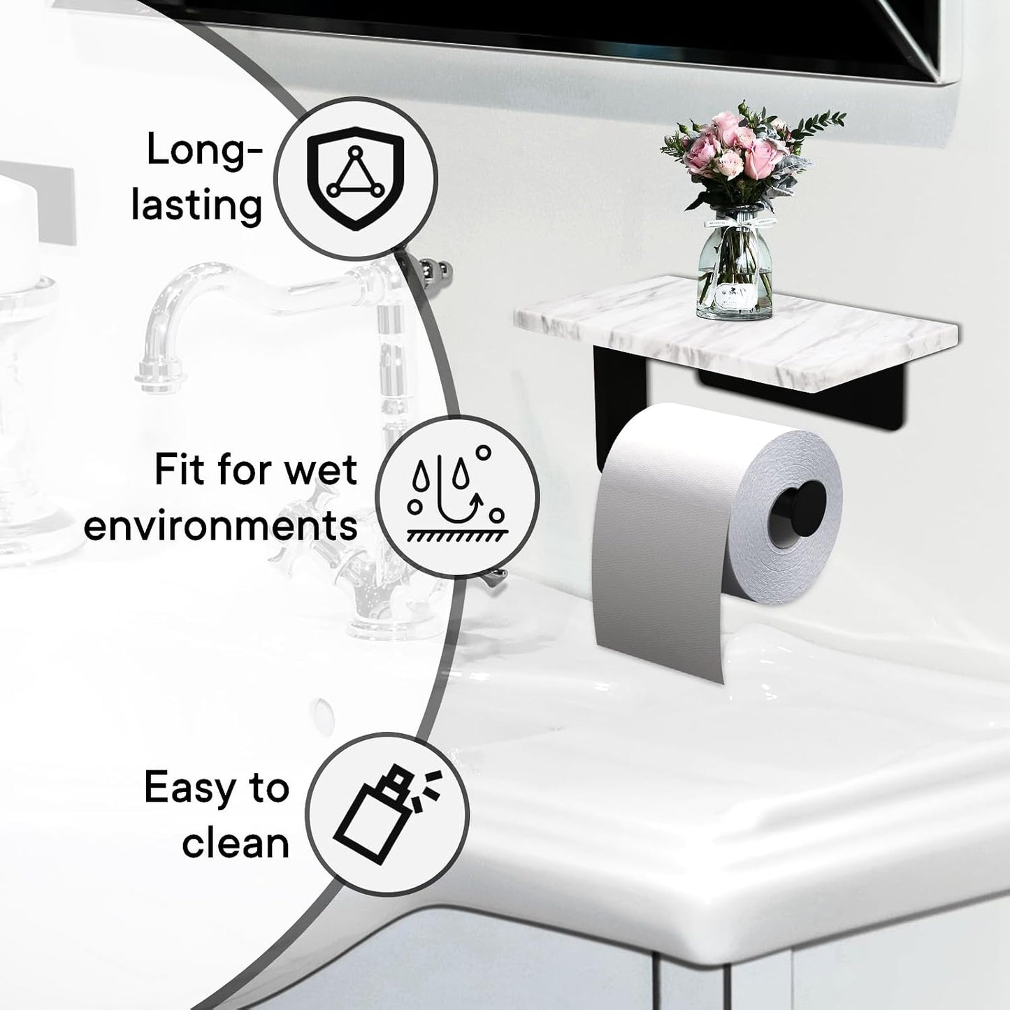 Toilet Paper Holder with Natural Marble Shelf for Bathroom Washroom,Wall Mounted Tissue Holder Suitable for Mega Roll (Brushed Nickel,Small 6.7 * 4.3 in)