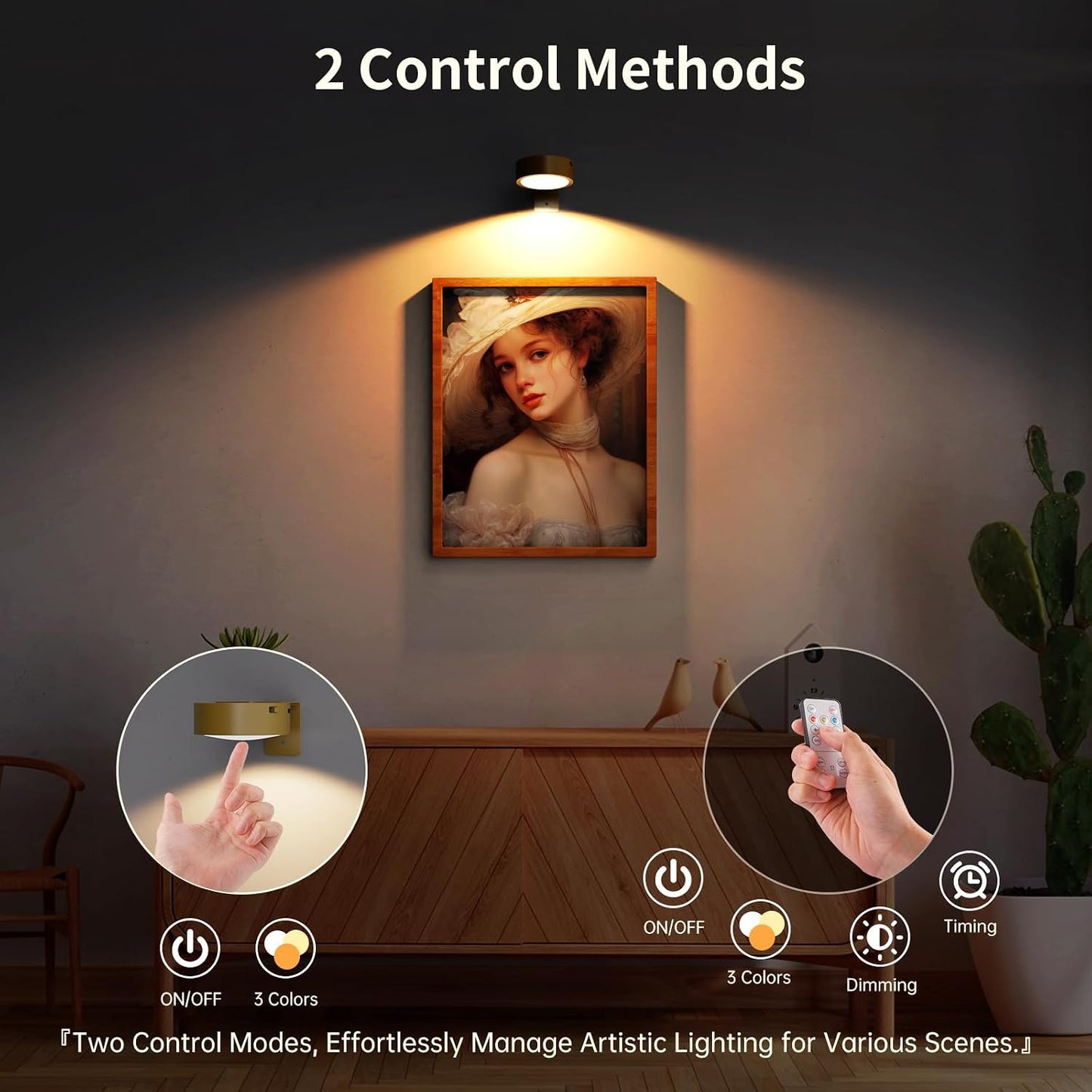 3 Pack Picture Lights for Wall, Rechargeable Battery Operated wall lights, Picture Frame lights with 3 Lighting Modes, Wireless Magnetic Painting Light with Remote Control Timer (White, 3 Pack)