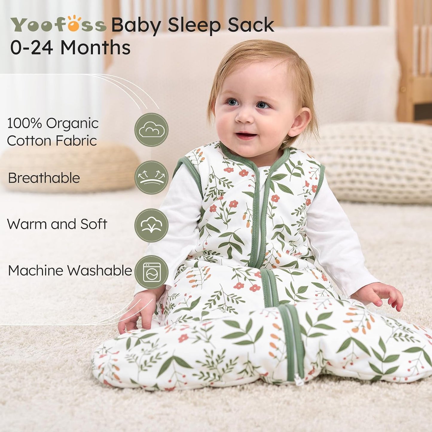 Yoofoss Baby Sleep Sack 0-6 Months Wearable Blanket for Babies 100% Organic Cotton 2-Way Zipper TOG 0.5 Toddler Sleeping Sack 3 Pack, Sleep Sacks