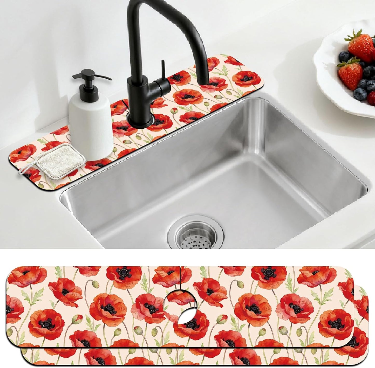 2 Pcs Kitchen Sink Splash Guard Faucet Mat Wood Grain Pattern Faucet Mat for Sinks Natural Wood Color Absorbing Drying Mats for Kitchen Bathroom, 23.6x5.5inch