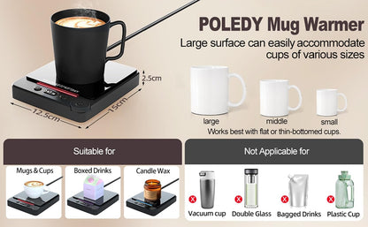 Fast Heating Coffee Mug Warmer,POLEDY Auto Shut Off Cup Warmer, Electric Beverage Warmer for Tea, Milk, Cocoa with 2-12H Timer, 3-Temp Settings Candle Warmer Plate, Black Smart Candle Melter