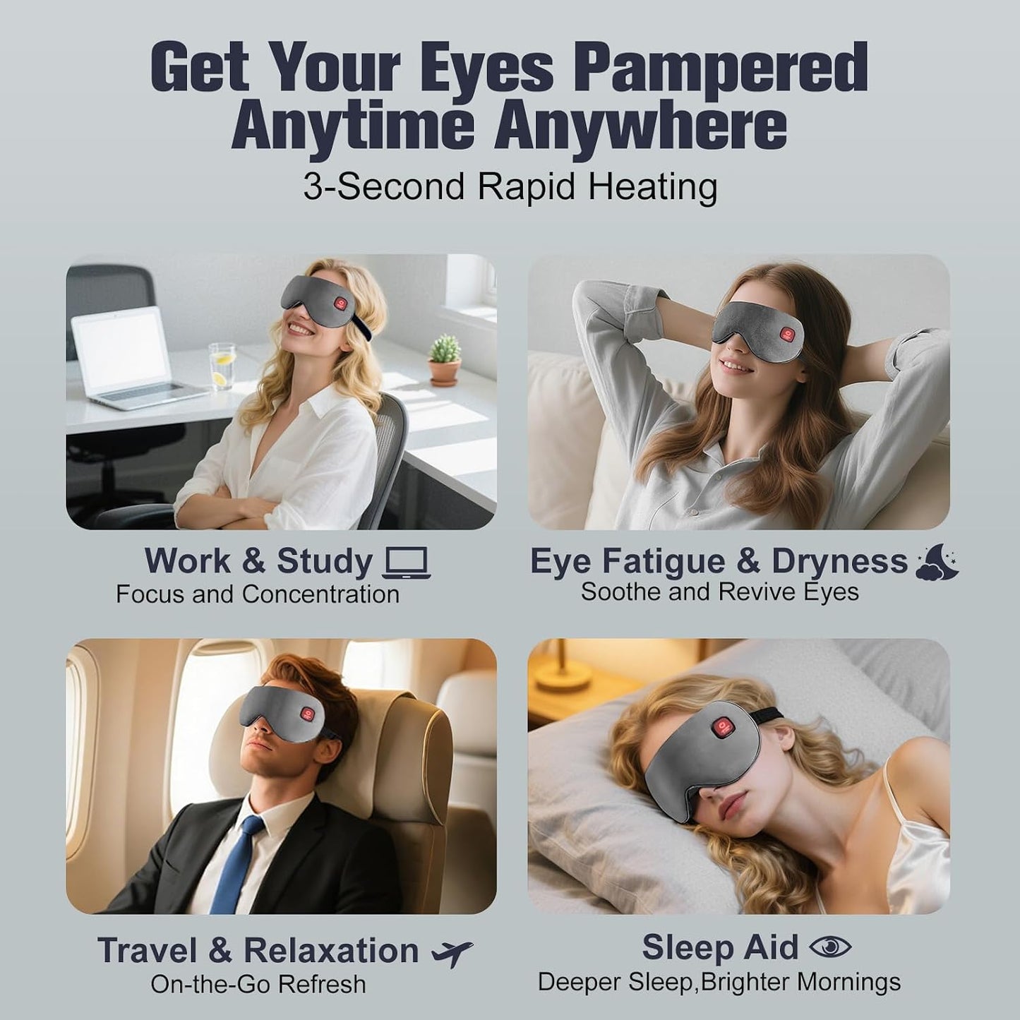 Heated Eye Mask, Rechargeable Detachable Washable Faux Silk Electric Cordless Dry Eyes Warmer Compress Graphene Sleep Mask Travel Gifts for Men Women, 3 Heat Levels & Auto-Off, Black