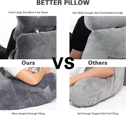 SLIGUY Reading Pillow-Bed Rest Pillow with Detachable Neck Roll & Support Arm for Sitting in Bed Couch or Floor-Backrest Reading Pillow Adult Back Pillow for Reading/Watching TV/Gaming,Dark Grey