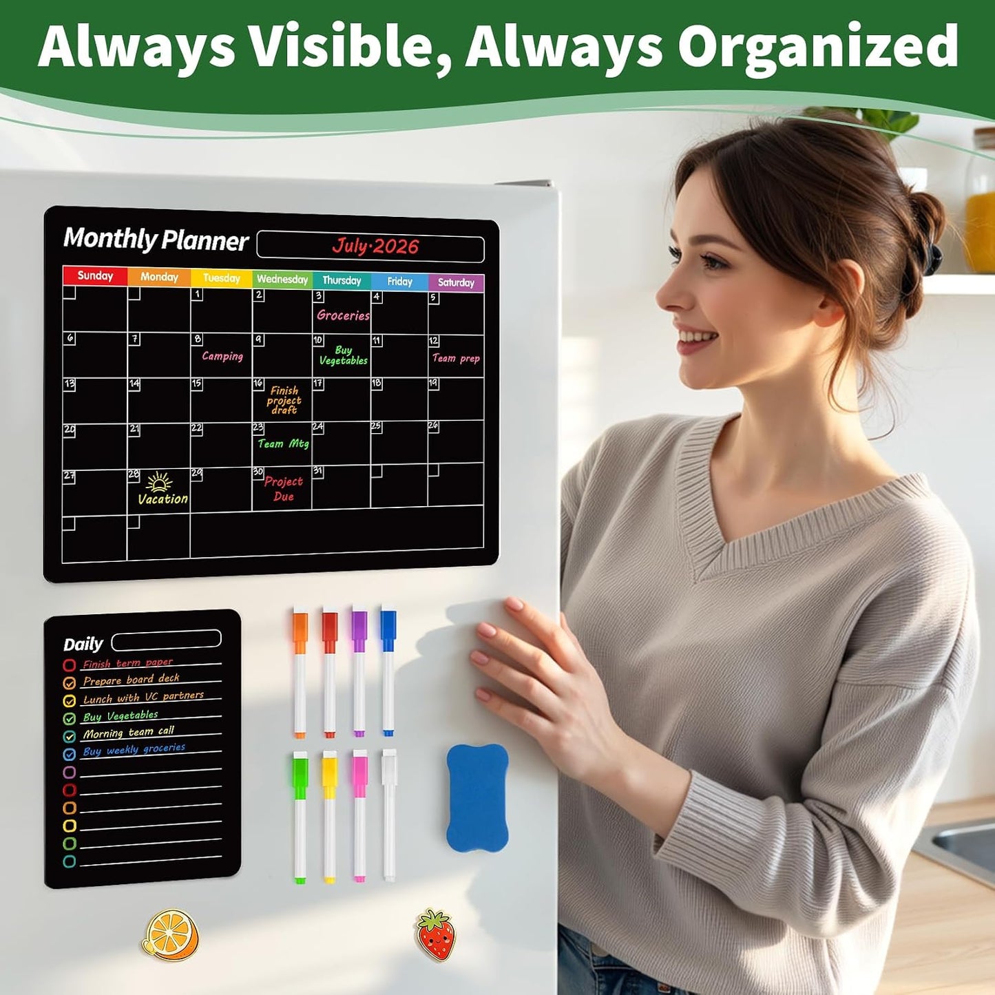 FINDMAG 4 Pack Fridge Calendar, Magnetic Calendar for Dry Erase, Black | Magnetic Dry Erase Board, Monthly Calendar for Fridge with 8 Markers & Eraser