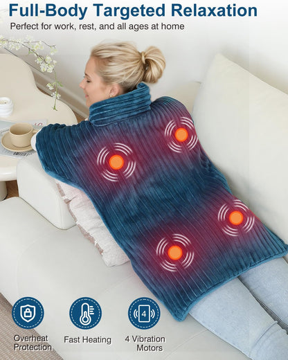 Heating Pads for Back Pain Relief,Wearable Heating Pad with Massager,Teal | 24"x35" Extra Large Heated Wrap for Neck and Shoulders ,Auto-Shut Off,Machine Washable