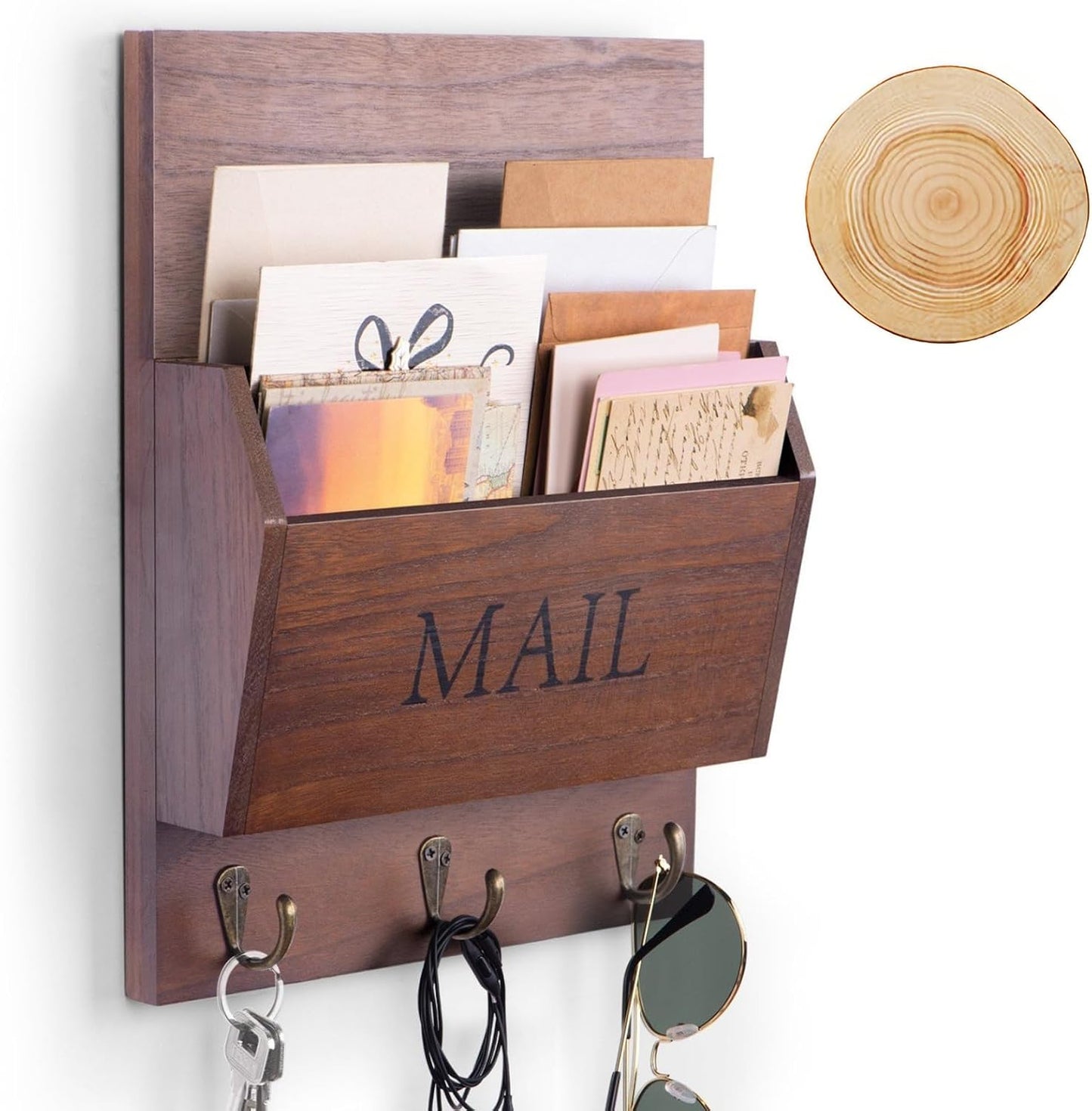 DLQuarts Solid Wood Mail Organizer with Key Holder for Wall, Mail Sorter Wall Mounted, Decorative Wooden Key and Mail Holder with 3 Hooks, White