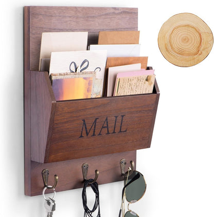 DLQuarts Solid Wood Mail Organizer with Key Holder for Wall, Mail Sorter Wall Mounted, Decorative Wooden Key and Mail Holder with 3 Hooks, White
