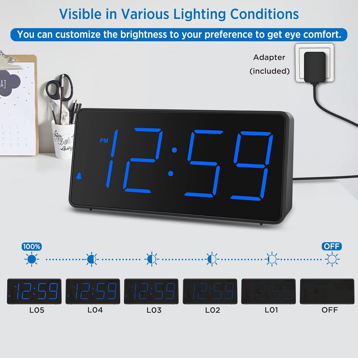 Peakeep Digital Alarm Clock for Bedrooms Bedside, Loud for Heavy Sleepers | Large Big LED Numbers Dimmable for Seniors, Battery Backup Plug in Electric Clock with USB Charger