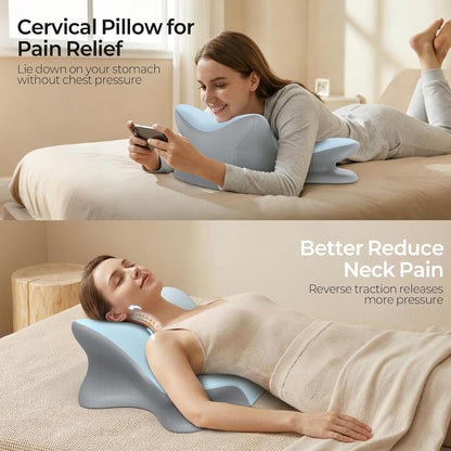 Cervical Neck Pillow for Pain Relief, Ergonomic Reading Pillow for Bed, Orthopedic Wedge Pillow Back Support Pillow, Contour Memory Foam Pillows for Sleeping, Couch Floor Use Lying Reading (Blue)