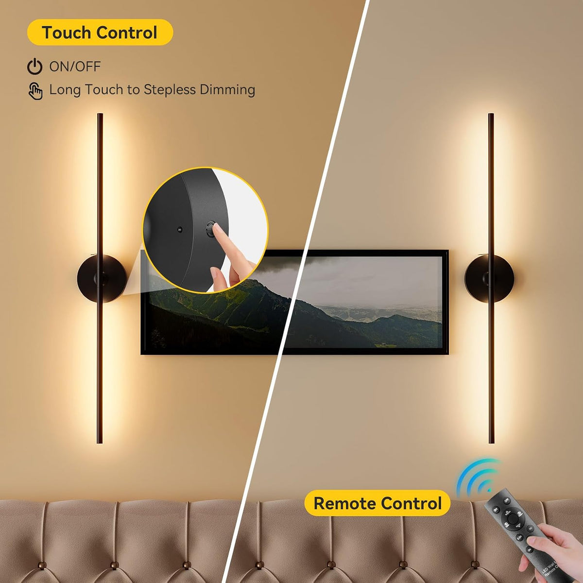 Battery Operated Wall Sconces Set of 2, Remote Control, 10000mAh, Black