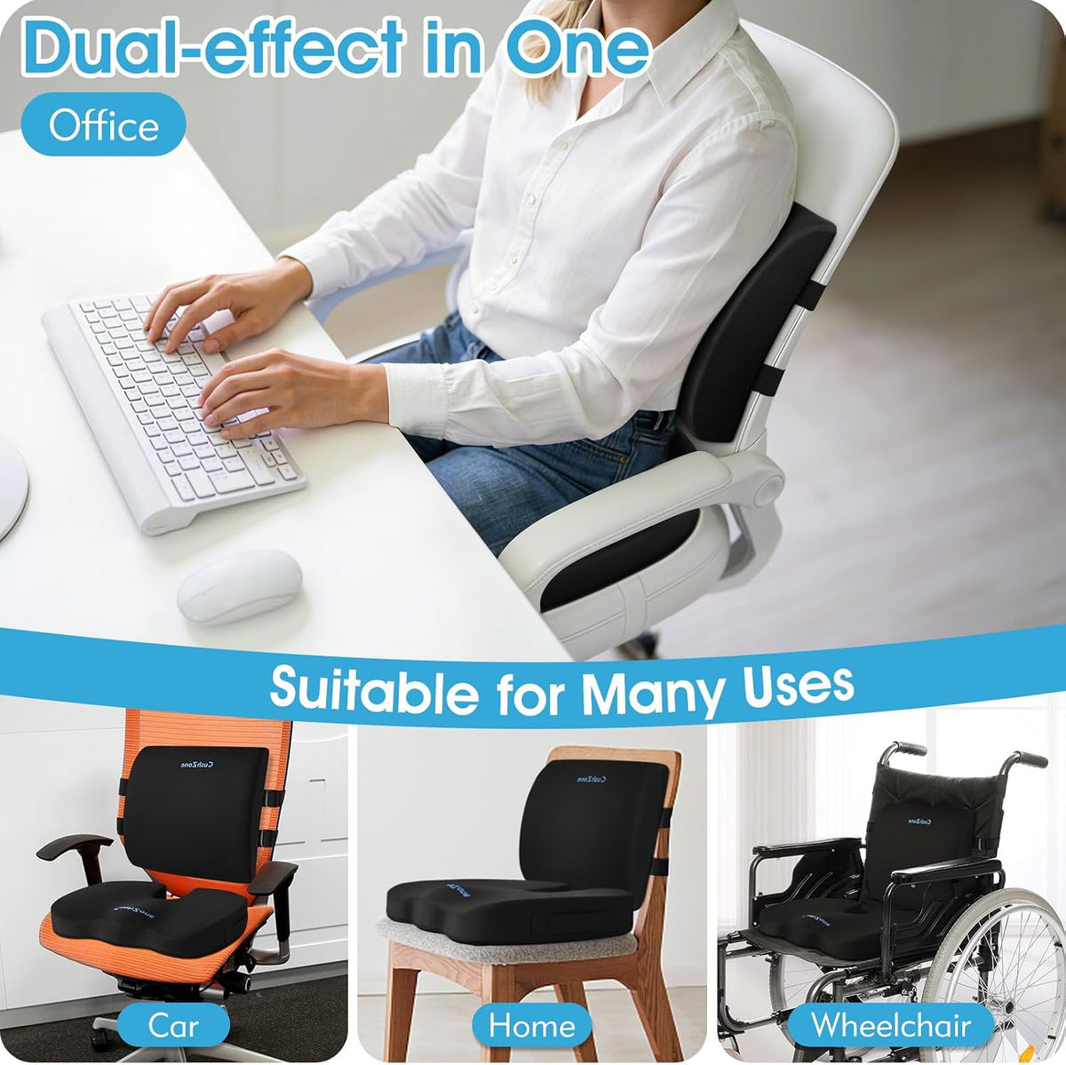 CushZone Seat Cushion and Lumbar Support Pillow for Office Chair, Black