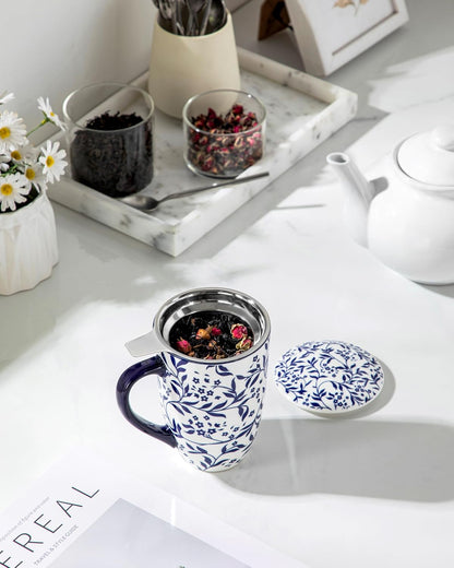 vancasso SELENE Porcelain Tea Mug, 18 oz Porcelain Tea Cup with Infuser and Lid Steeps Loose Leaf Tea, Microwave & Dishwasher Safe, Five-Leaf Clover