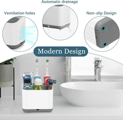 Bathroom Toothbrush Holders, Toothbrush and Toothpaste Holder (Wood Grain) | Easy To Clean, Drainage, Removable, Non-Slip, 4 Slots Tooth Brush Holder for Bathroom Countertop Organizer