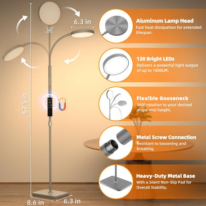 PACOVY Floor Lamp, Adjustable Height Floor Lamps for Living Room Bedroom, 120 LED Super Bright Standing Lamp Remote & Touch Control Dimmable Gooseneck Tall Stand Reading Lamp for Office Craft, Black