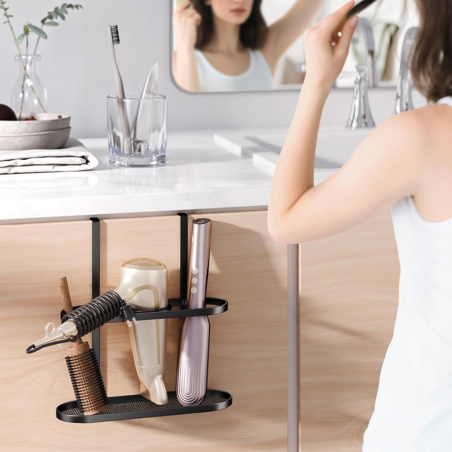 3-in-1 Hair Tool Organizer Holder for Dryer, Straightener & Curling Iron - Multi-Placement Design Mounts on Cabinet Door&Tabletop (Black Elliptic Frame)
