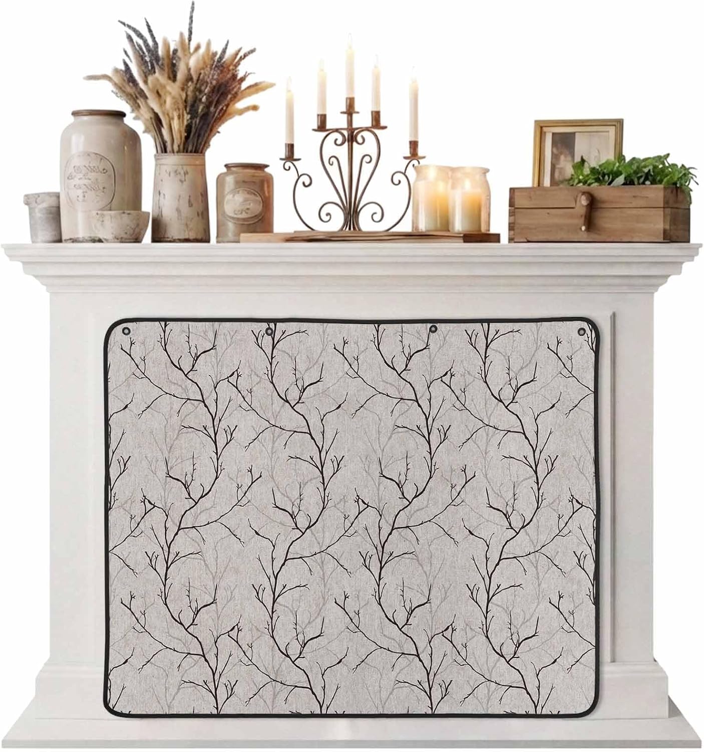 Magnetic Fireplace Cover White Vines Fireplace Screen Decorative Flowers Leaves Tree Branches Insulation Fireplace Blocker Blanket Save Energy Fireplace Draft Stopper Covers for Living Room 39x32 Inch