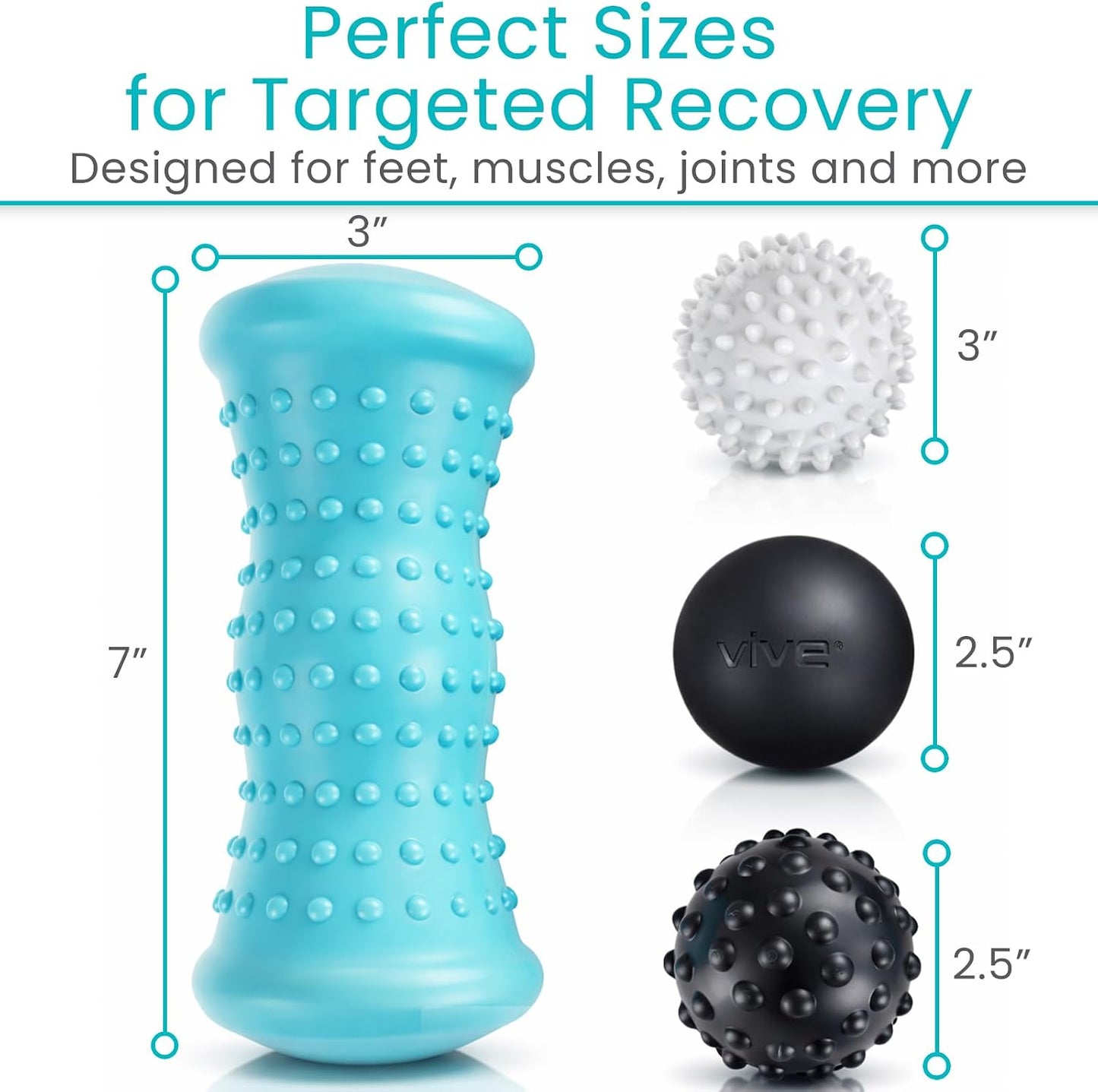 Vive Massage Ball Set (4 Piece) - Plantar Fasciitis Relief Foot Pain Hot | Cold Therapy - Heel Spur, Sore Muscle, Trigger Point, Back, Arm, Neck, Shoulder, Leg Circulation Roller