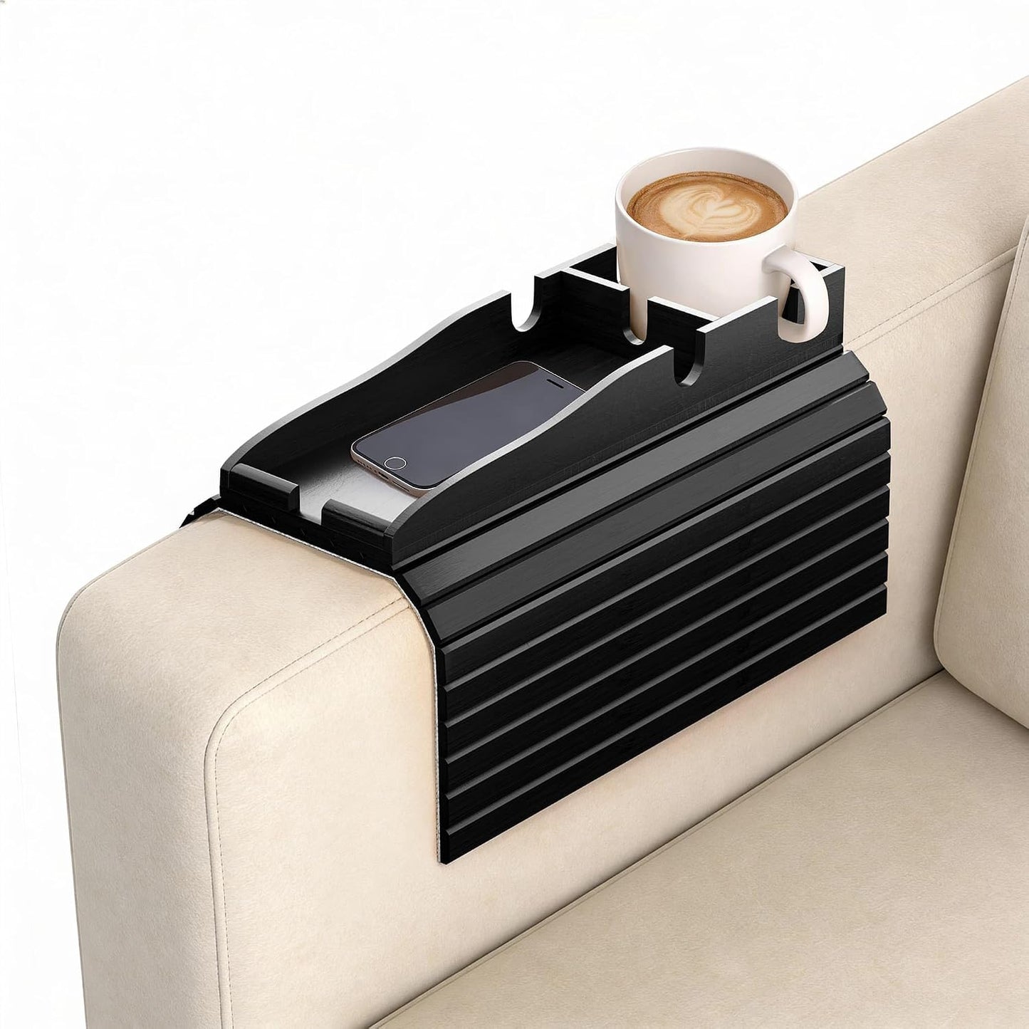 Korser Couch Armrest Table, Sofa Arm Tray with Removable Cup Holder, 2 in 1 Anti-Slip Armrest Tray Table for Couch, Bamboo Foldable Couch Cup Holder for Drinks Snacks Phone Remote Control