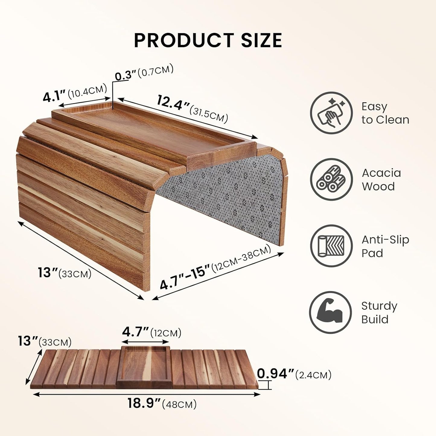 2 Pack Acacia Wood Folding Sofa Arm Tray with Anti-Slip Pad | Couch Armrest Tray,Foldable,for Drinks,Snacks,Phone,Remote Control,Space Saving Storage, No Assembly,Gift box