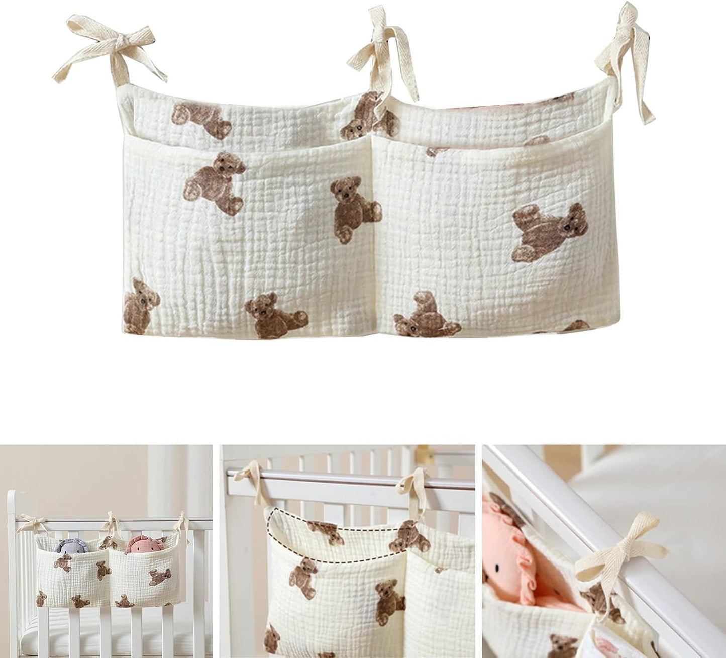 Bedside hanging bag for storing baby milk bottles and blankets - Baby diaper folding bed organizer bag - Brown
