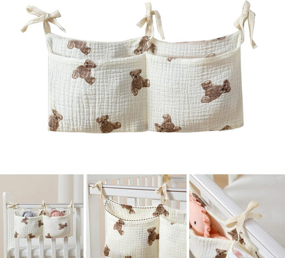 Bedside hanging bag for storing baby milk bottles and blankets - Baby diaper folding bed organizer bag - Brown