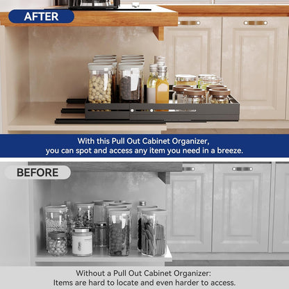 Pull out Cabinet Organizer, Full Metal Expandable Width (14.8"-20.8") & Depth (12.4"-17.7") Adjustable Slide out Drawers, No Drill Adhesive Roll out Shelves for Kitchen Pantry, White