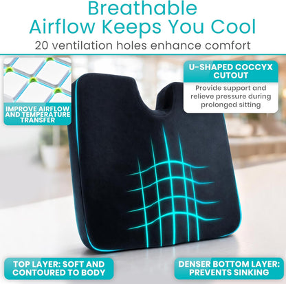 Vive Memory Foam Seat Cushion – Tailbone Pain Relief, Sciatica, Coccyx | Back Support for Office Chair, Car Seat, Wheelchair & Airplane, Water-Resistant Cover, 2-Layer Foam Comfort, Wheelchair