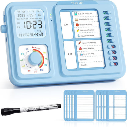 3-in-1 Visual Timer for Kids, Chore Chart for Kids, Visual Schedule（Blue） | To do list board, routine chart for home, school, classroom, ADHD/autism visual support, checklist, silent vibration alerts