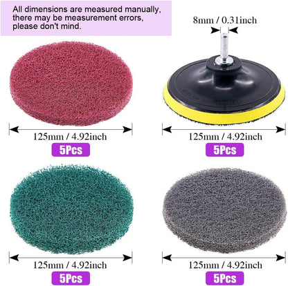 Swpeet 16Pcs 5Inch 3 Scrubbing Pads Drill Powered Brush Tile Scrubber Scouring Pads Cleaning Kit, Abrasive Buffing Pads Replacement with 1 Pcs Hook Attachment for House Cleaning