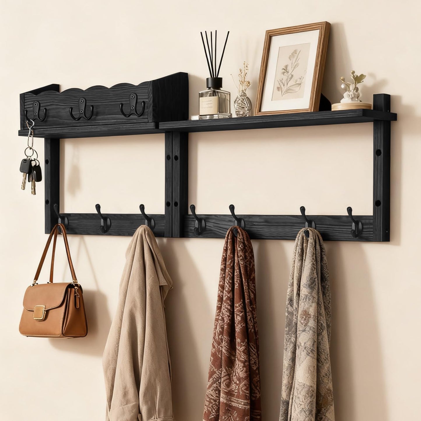28" Coat Rack Wall Mount with Shelf with 7 Hooks 3 Key Hanger | Entryway Key Holder Wall Mount Wood Wall Coat Hooks, Wall Mounted Coat Rack Mail Holder for Living Room, Bedroom