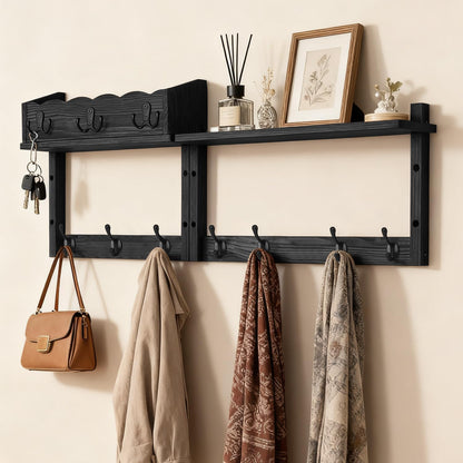 28" Coat Rack Wall Mount with Shelf with 7 Hooks 3 Key Hanger | Entryway Key Holder Wall Mount Wood Wall Coat Hooks, Wall Mounted Coat Rack Mail Holder for Living Room, Bedroom