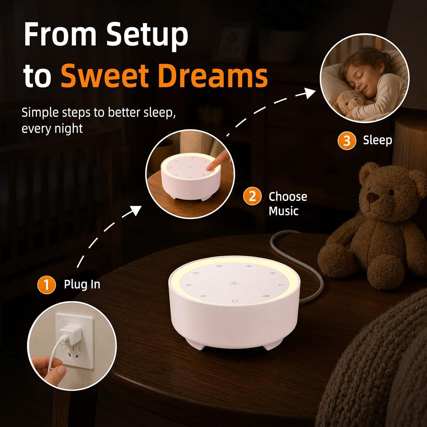 Kipcush White Noise Machine for Sleeping, Baby & Adults, High-Fidelity Non-Looping Sounds, Sleep Sound Machine with Dimmable Night Light, USB Powered, Memory Function, Home, Nursery & Travel