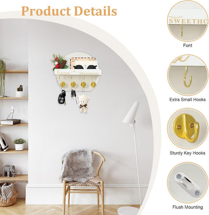 Key Holder for Wall, Key and Mail Holder Organizer - Key Holder Wall Mount with Bouquet Shelf and Key Hooks, Round Wooden Rustic Key Rack for Entryway and Home Decor (Black)