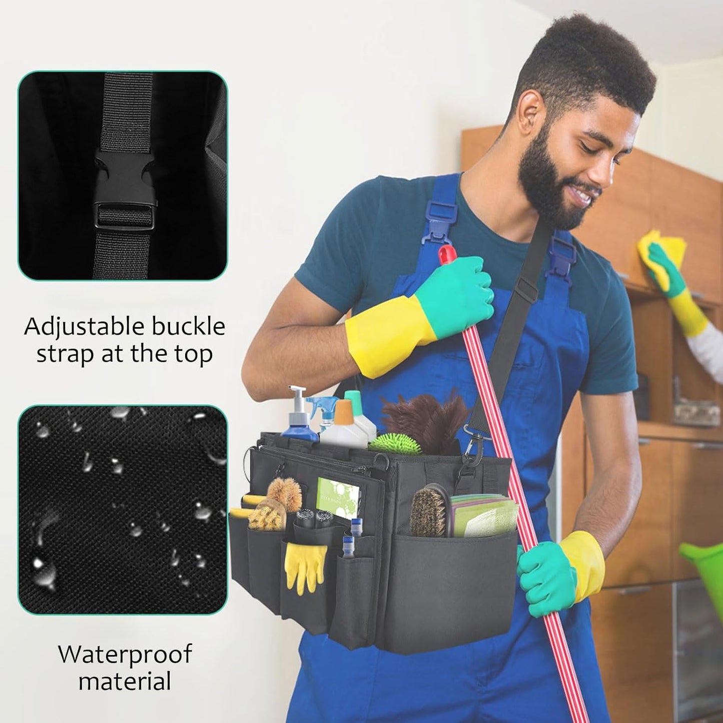Qivine 17L Cleaning Caddy with Handle, Foldable Cleaning Supply Caddy(Blue) | Cleaning Caddy for Cleaning Supplies, Portable Cleaning Supplies Organizer with 6 Pockets, Cleaning Bucket for Kitchen Garden