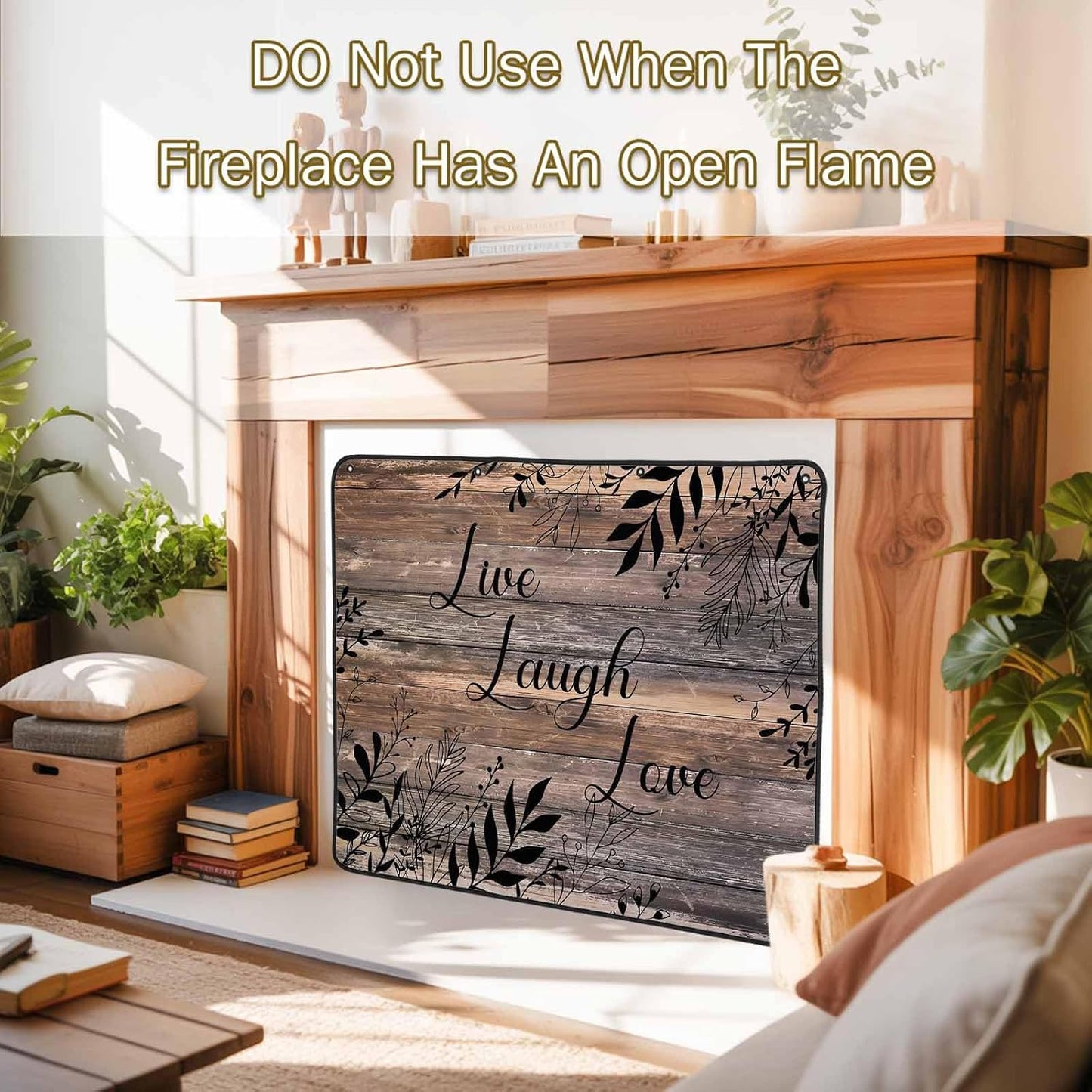 Magnetic Fireplace Cover Brown Rustic Wood Grain Fireplace Screen Decorative Leaves Laugh Love Insulation Fireplace Blocker Blanket Save Energy Fireplace Draft Stopper Covers for Living Room 36x30