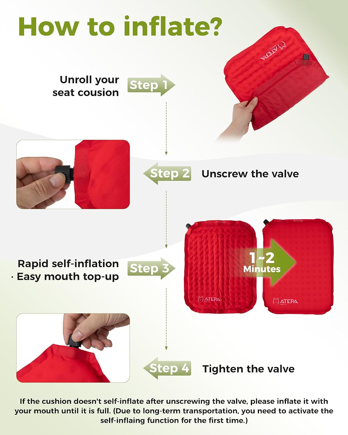 ATEPA Inflatable Seat Cushion | 2" & 2.5" foam core seat pad, Self inflating, Compact, Stadium, Airplane, Travel, Camping, Hiking, Sports events
