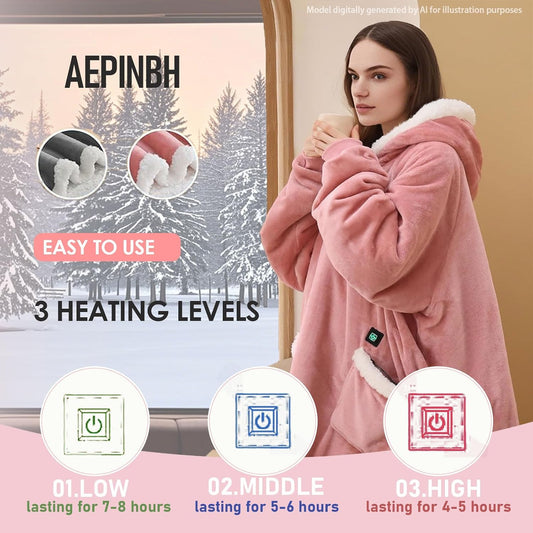 Cordless Heated Wearable Blanket Hoodie, Oversized Portable, Pink