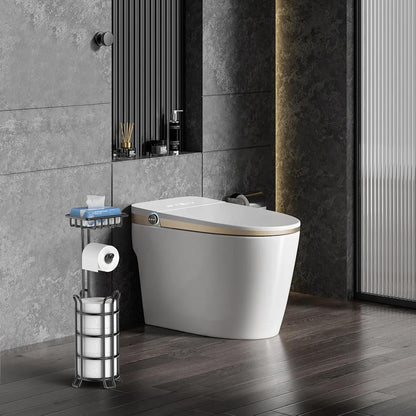TomCare Toilet Paper Holder Free Standing with Shelf, Stable 4 Raised Feet | Stores 4 Mega Rolls, Tool-Free Assembly, Powder-Coated Metal Frame, Bathroom Storage Organizer for Spare Rolls, Silver