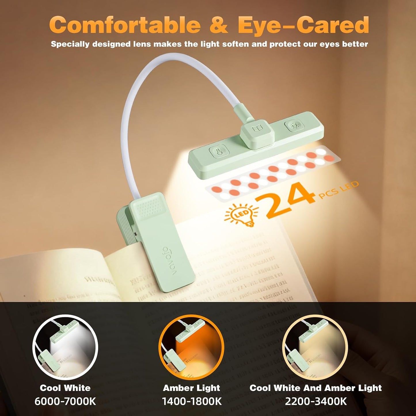VAVOFO Rechargeable Book Light Rotatable：24 LEDs Reading Light, 3-Color & 9-Brightness Book Lamp, Eye Cared 120Hrs Runtime Lightweight Clip on Led Light for Book Lovers (Black)