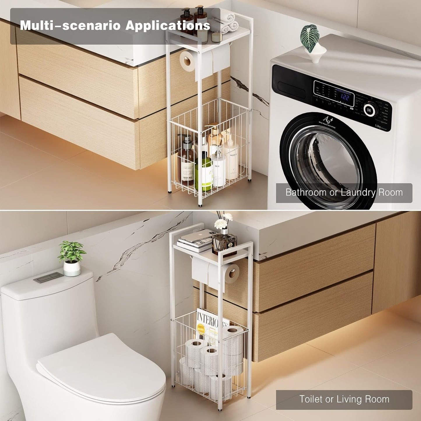 Voldra Toilet Paper Holder with Shelf, Flushable Wipes Dispenser for Bathroom, Adhesive Toilet Paper Roll Holder with Storage Wall Mount Stick On Bathroom Tissue Holder Front Flip Design (Matte Black)