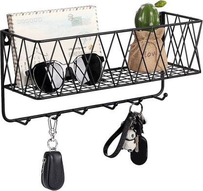 OROPY Entryway Mail Holder with Key Hooks, 14" L×4.7" W×6.5" H, Wall Mounted Matte Black Metal Wire Mesh Storage Basket with 6 Hooks, easy to Organize Letters, Magazines, Keys, Leashes for Entryway