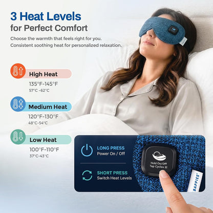 Heated Eye Mask, 30 Momme 6A Grade Mulberry Silk, Royal Blue, 3 Heat Levels, USB-C Rechargeable, 15 Min Auto-Off, 1 Year Warranty