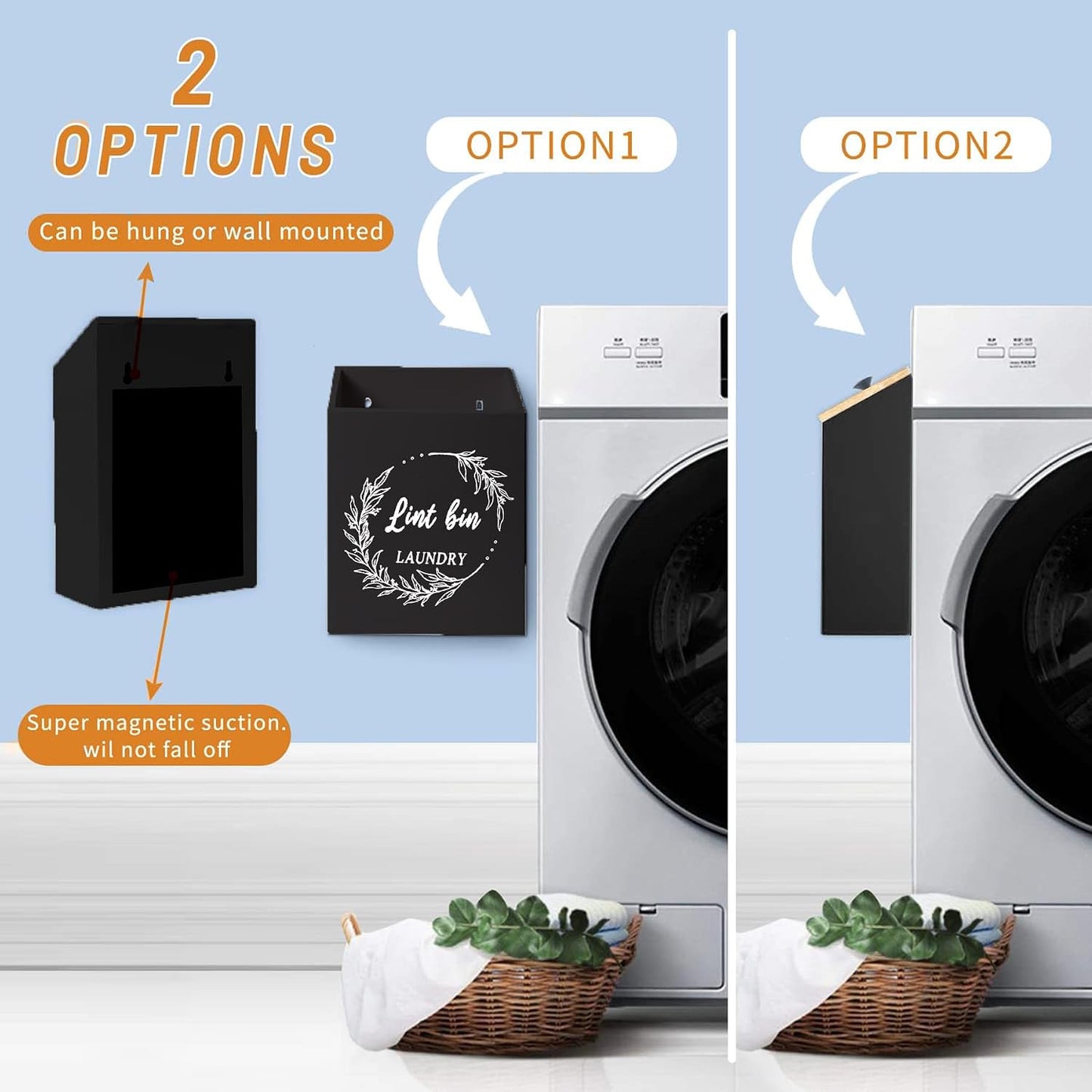Magnetic Lint Bin and Dryer Sheet Holder Set for Laundry Room, Farmhouse Wooden Lint Trash Can with Lid and Dryer Sheet Dispenser Box Magnetic for Mounting on Dryer,Stylish Laundry Room Organiz(Black)