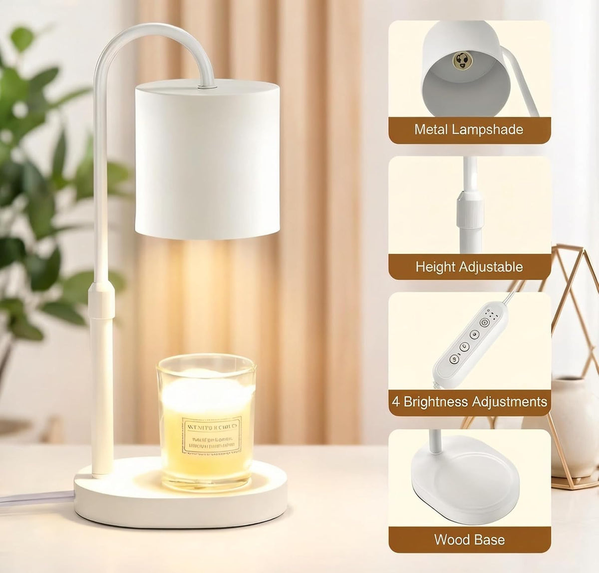 Dreamholder Electric Candle Warmer Lamp with Timer, Dimmable Candle Lamp with Adjustable Height, Wax Melter for Jar Candles Wood Base Floral Home Decor Gifts for Women Mom, Silver Glass