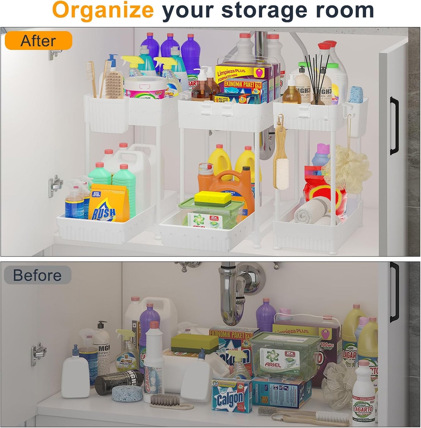 3-Pack 2-Tier Under Sink Organizers with Sliding Drawers | Multi-use kitchen & bathroom storage, 12.8 inch black cabinet organizer, space-saving sliding drawer design.