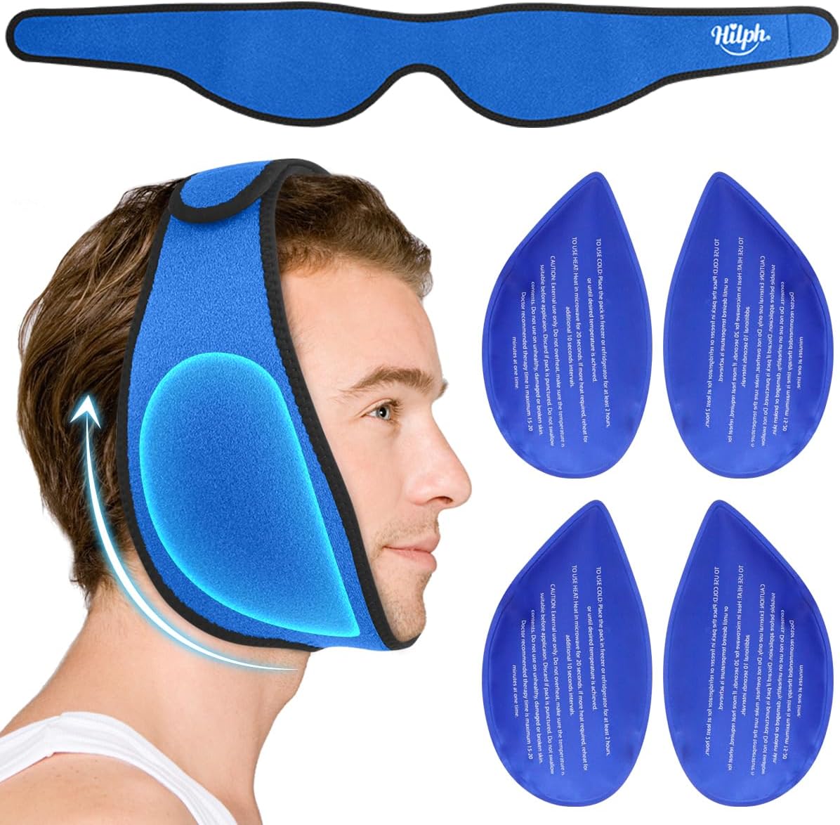 Hilph Wisdom Teeth Ice Pack Head Wrap, Face Ice Pack for Jaw Oral Surgery | Large Jaw Ice Wrap with 4 Hot Cold Gel Packs, Pain Relief for TMJ, Tonsillectomy, Wisdom Teeth Recovery Must Haves, Blue