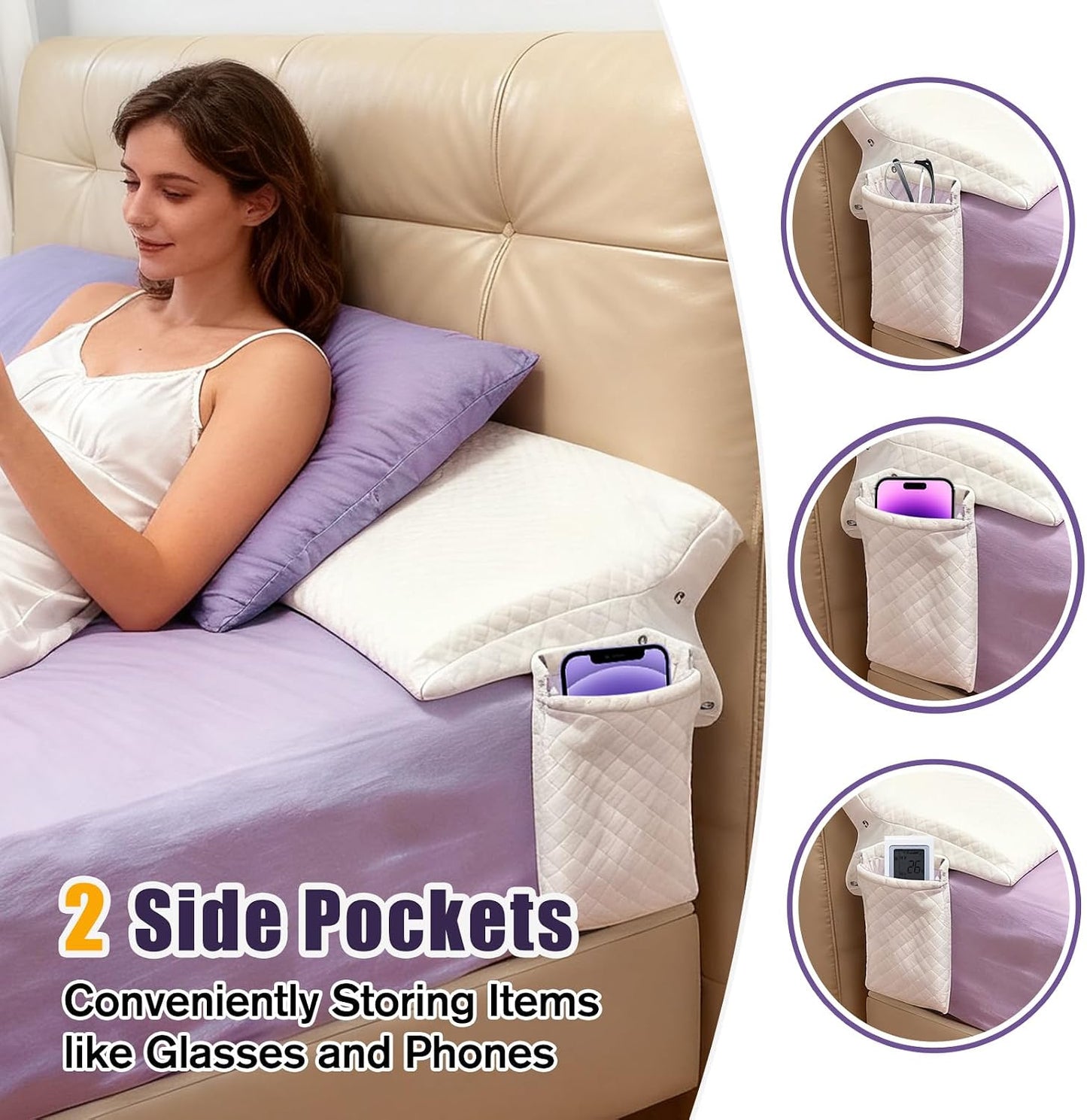 JZHLLA Triangle Bed Gap Filler Queen High Density Foam Headboard Gap Filler Pillow with 2 PCS Pockets and Removable Washable Cover, Prevent Items from Falling