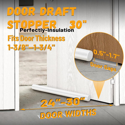 MAXTID Large Door Draft Stopper 30 Inch for Small Bedroom, Fits 1.7" Gaps | Small Size Bedroom Door, Fits 0.5 to 1.7" Gaps, White Under Door Draft Blocker, Seal Gap, Draft Guard for Bottom of Doors