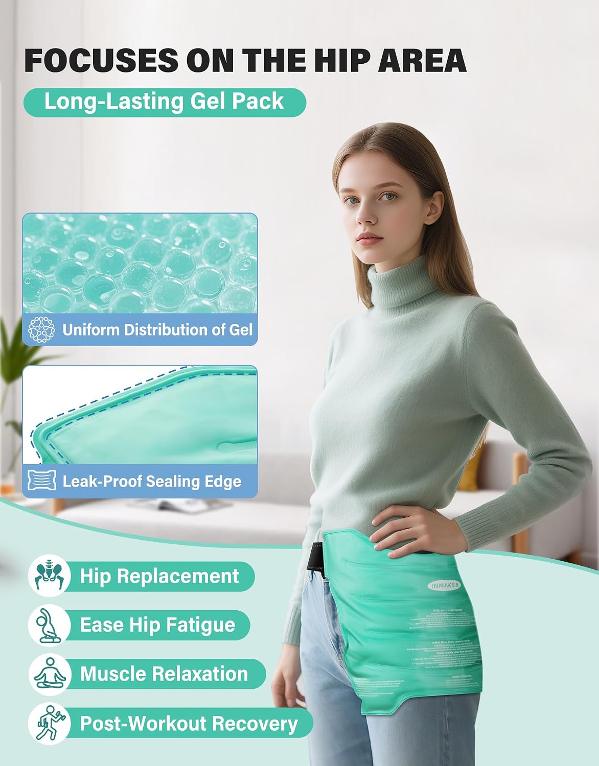 INMAKER Hip Ice Pack Wrap, Reusable Gel Hip Ice Pack After Surgery | Fit Waist to 24.8''-45'', At Least 20min-Lasting-Cold, Flexible & Evenly Cooling, for Inflammation, Swelling, Hip Pain Relief