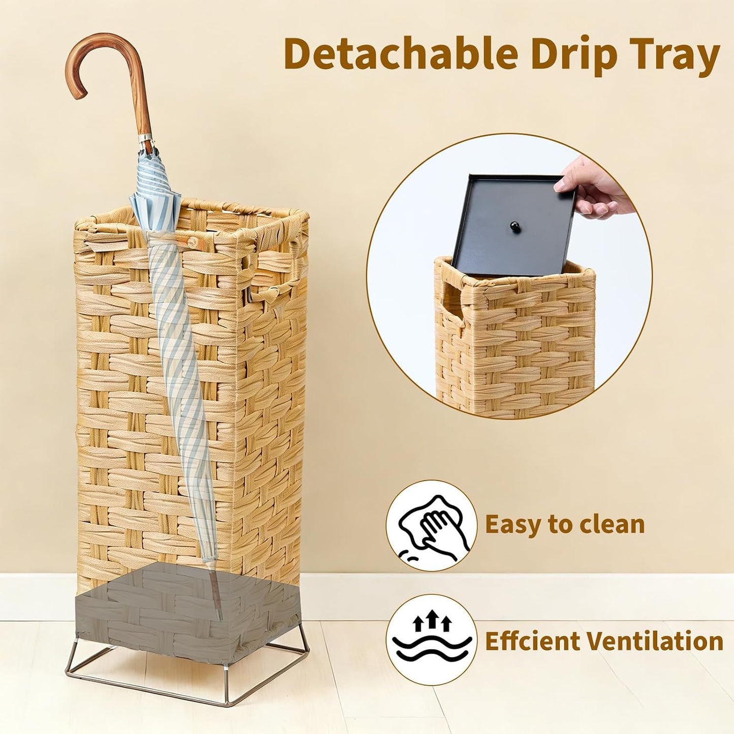 Rattan Umbrella Holder Basket Stand for Entryway | Handwoven, Indoor Umbrella Storage with Waterproof Base, Durable Metal Hooks & Removable Drip Tray